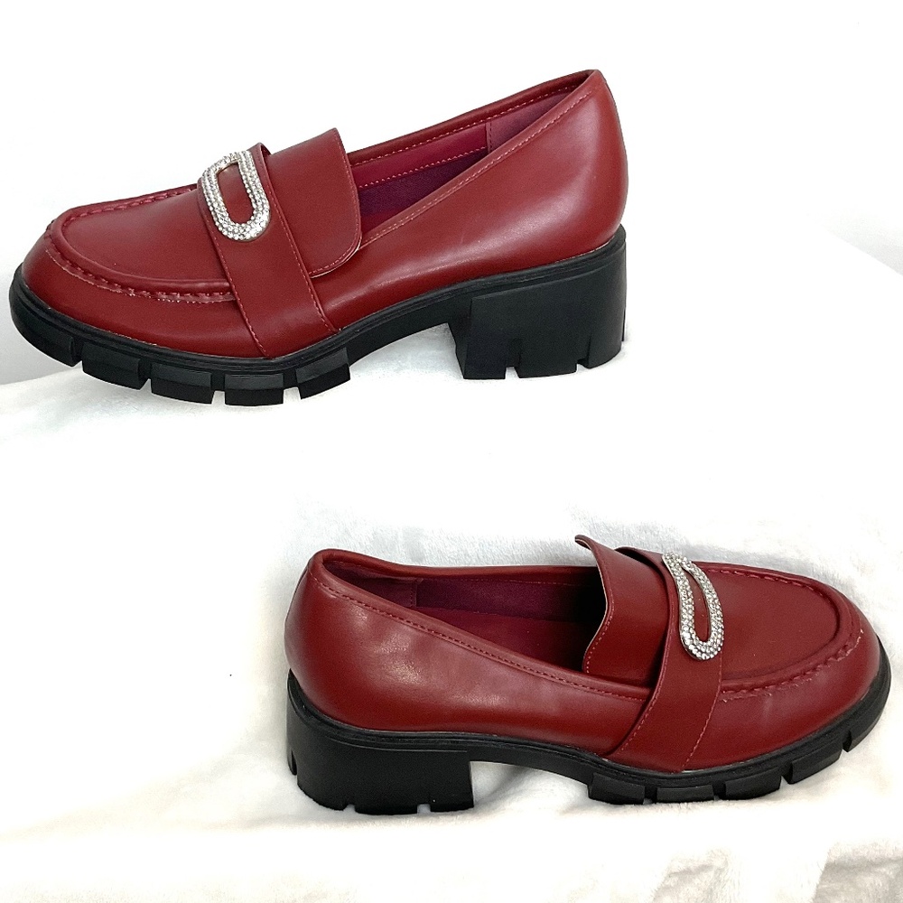 ZBY Chunky Rhinestone Platform Burgundy Loafer Y2K Slip On Lug Sole Dressy Shoes